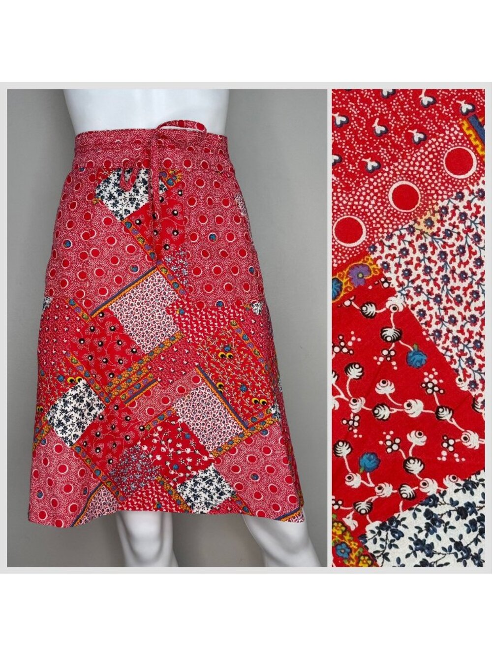 Vintage 1970s Red Patchwork Print Wrap Skirt, Runky Size XS, Floral & Polka Dot